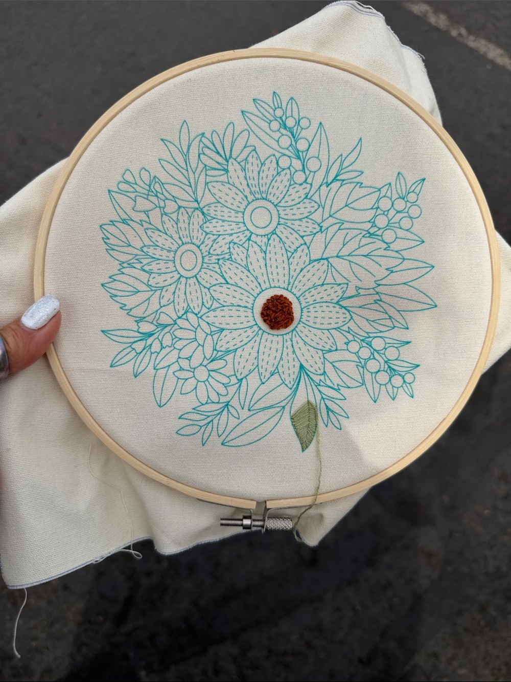 Teal Floral Embroidery Hoop Art on Cream Fabric - Crafted Accent started